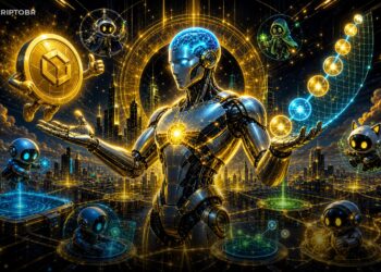 Ilustração editorial de agente de IA criando tokens na BNB Chain com liquidez on-chain