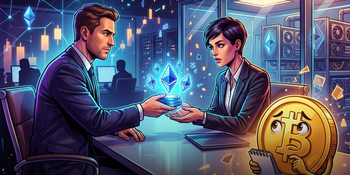 Ilustração editorial sobre venda de ETH pela Ethereum Foundation à BitMine