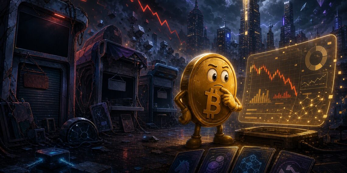 Ilustração editorial sobre empresas cripto fechando em meio à pressão do mercado