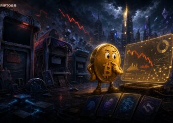Ilustração editorial sobre empresas cripto fechando em meio à pressão do mercado