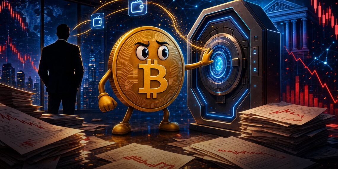 Ilustração editorial sobre Trump Media transferindo Bitcoin para a Crypto.com