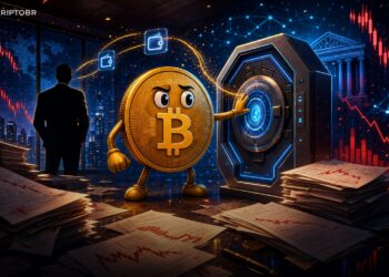 Ilustração editorial sobre Trump Media transferindo Bitcoin para a Crypto.com