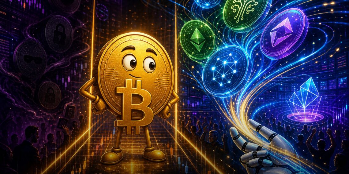 Ilustração editorial de Bitcoin lateralizado enquanto altcoins de IA ganham força
