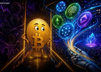 Ilustração editorial de Bitcoin lateralizado enquanto altcoins de IA ganham força