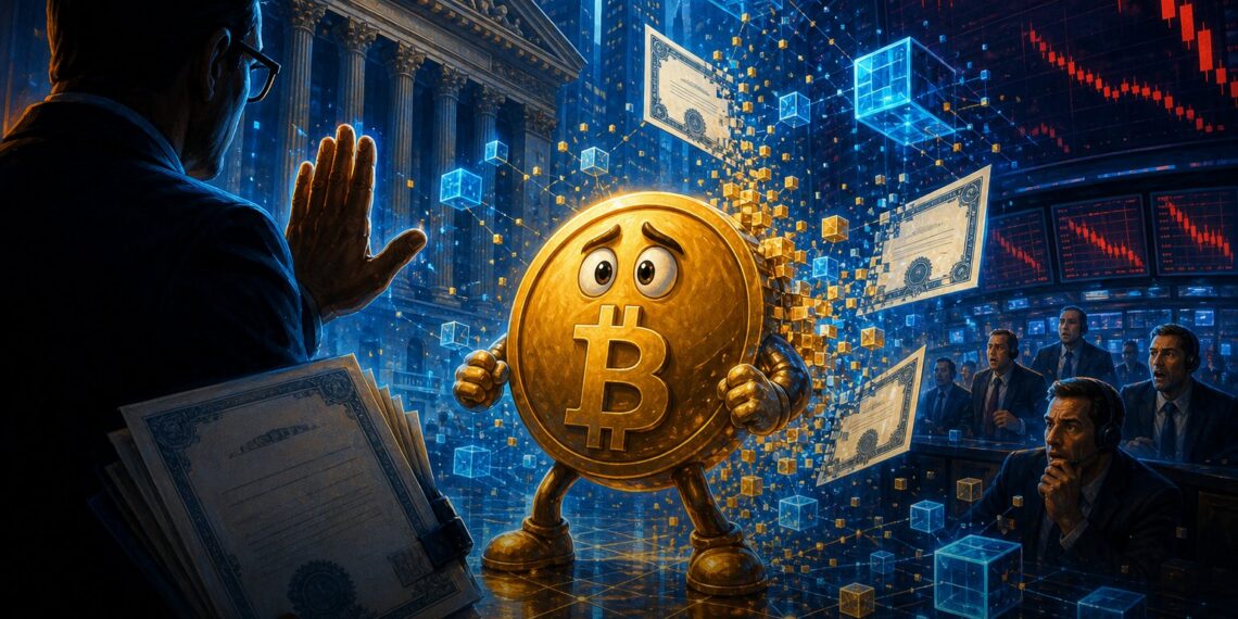 Ilustração editorial sobre SEC, ações tokenizadas e queda do Bitcoin