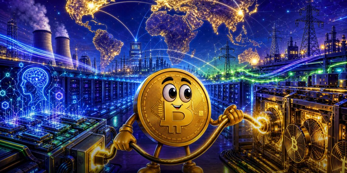 Ilustração editorial de data center de IA conectado à mineração de Bitcoin