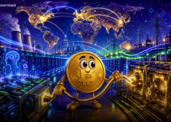 Ilustração editorial de data center de IA conectado à mineração de Bitcoin