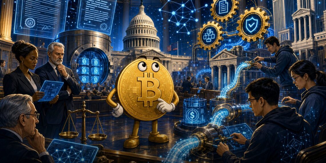 Ilustração sobre Clarity Act, stablecoins e yield cripto regulado