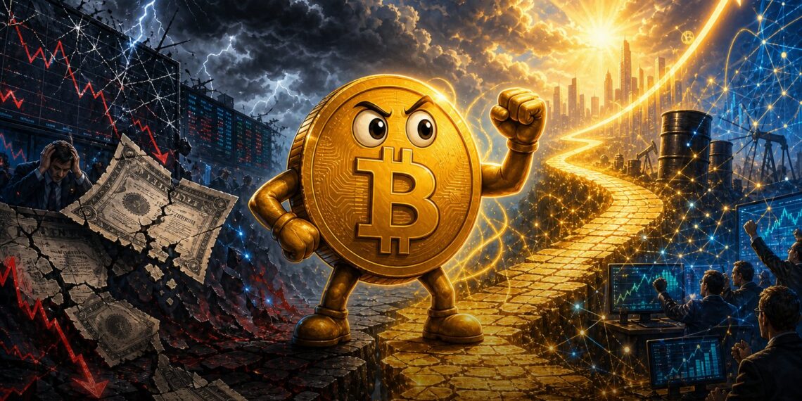 Mascote do Bitcoin diante de ações e títulos em cenário macro de inflação