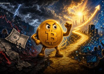 Mascote do Bitcoin diante de ações e títulos em cenário macro de inflação