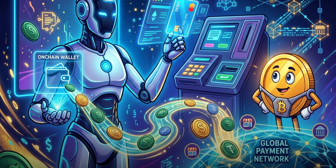Ilustração de agente de IA usando cartão virtual para gastar stablecoins em rede Mastercard