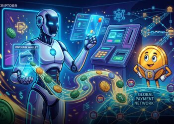 Ilustração de agente de IA usando cartão virtual para gastar stablecoins em rede Mastercard
