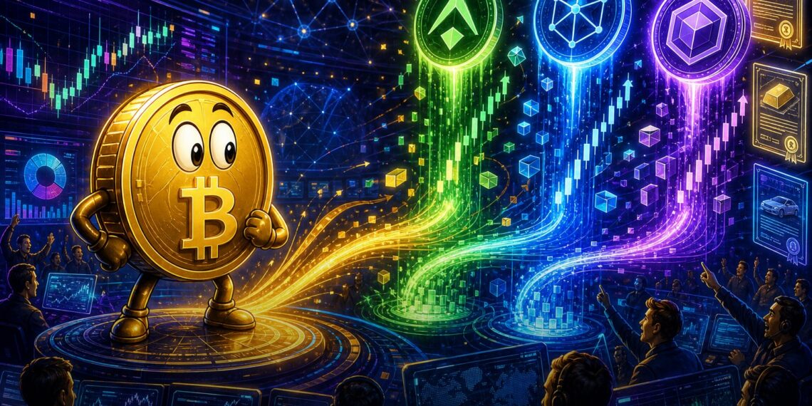 Ilustração editorial sobre rotação de mercado para HYPE, NEAR e ONDO com mascote Bitcoin e gráficos em alta