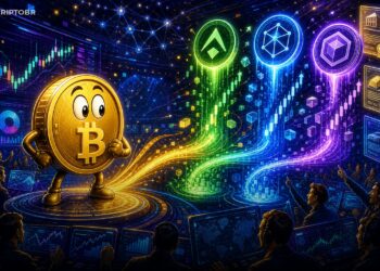 Ilustração editorial sobre rotação de mercado para HYPE, NEAR e ONDO com mascote Bitcoin e gráficos em alta