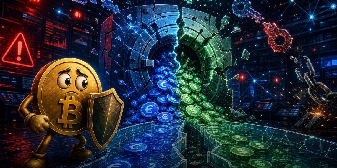 Ilustração sobre exploit na StablR com stablecoins EURR e USDR perdendo paridade após falha de chave privada
