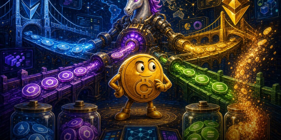 Ilustração editorial sobre Uniswap levando taxas de protocolo e queima de UNI para BNB Chain