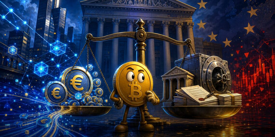 Ilustração editorial sobre BCE, bancos e stablecoins em euro