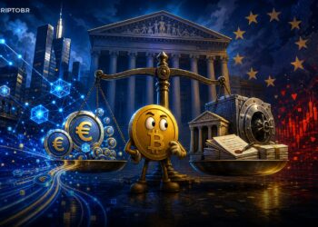 Ilustração editorial sobre BCE, bancos e stablecoins em euro