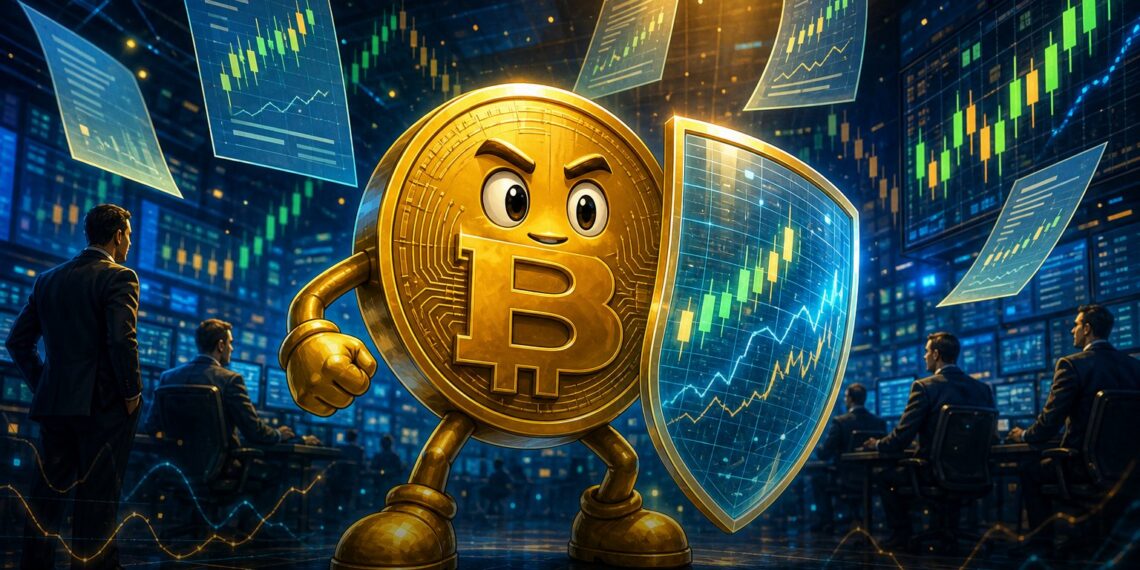 Ilustração editorial de Bitcoin em ambiente de bolsa para opções QBTC da Nasdaq