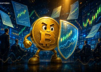 Ilustração editorial de Bitcoin em ambiente de bolsa para opções QBTC da Nasdaq
