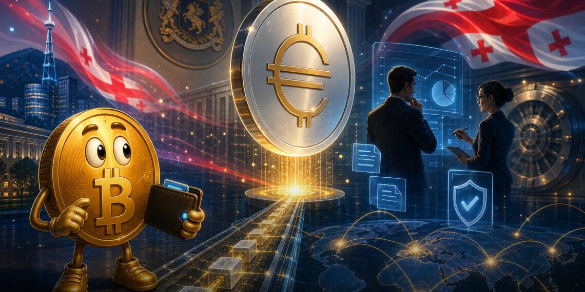 Ilustração editorial sobre a stablecoin GELT da Tether com apoio da Geórgia