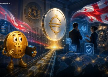 Ilustração editorial sobre a stablecoin GELT da Tether com apoio da Geórgia
