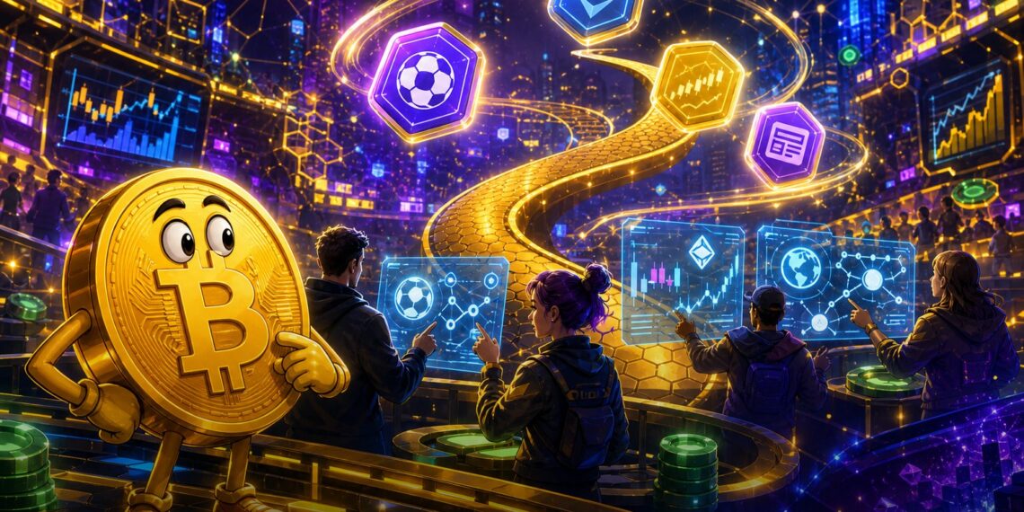 Ilustração editorial sobre Binance Wallet, Event Rush e tokens de eventos na BNB Chain