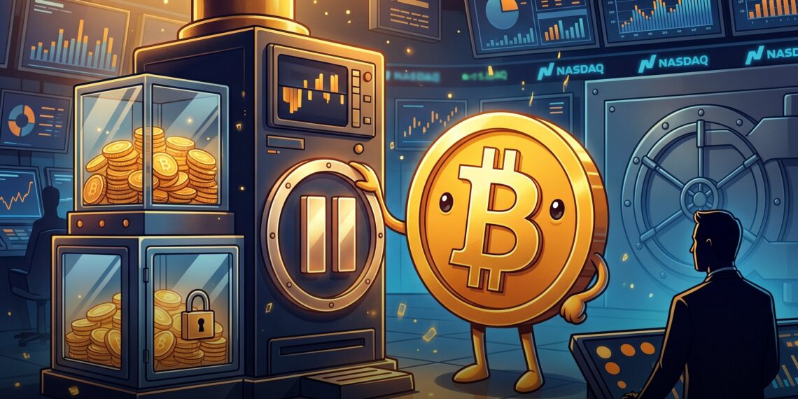 Ilustração editorial sobre pausa da Strategy nas compras de Bitcoin