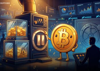 Ilustração editorial sobre pausa da Strategy nas compras de Bitcoin
