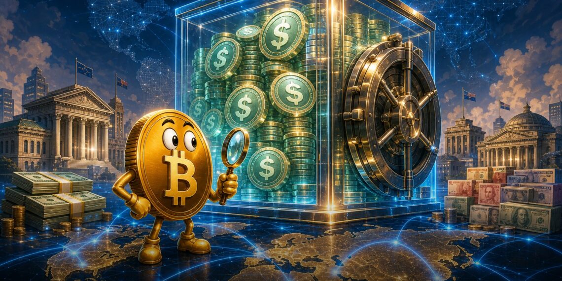 Ilustração editorial sobre stablecoins em dólar superando reservas cambiais globais
