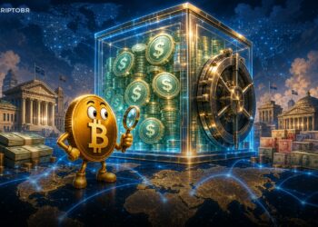 Ilustração editorial sobre stablecoins em dólar superando reservas cambiais globais