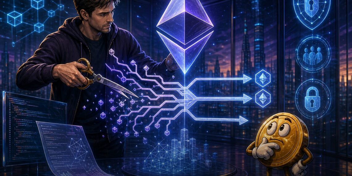 Ilustração editorial sobre Vitalik Buterin e a Ethereum Foundation menor