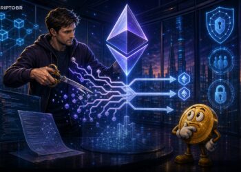 Ilustração editorial sobre Vitalik Buterin e a Ethereum Foundation menor