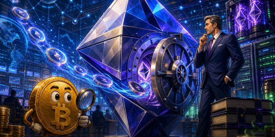 Ilustração editorial de Ethereum em cofre institucional representando compra de ETH pela BitMine