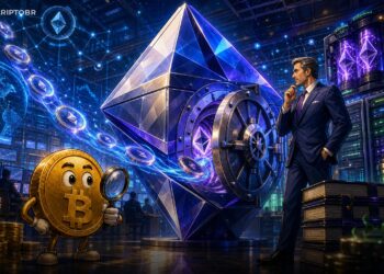 Ilustração editorial de Ethereum em cofre institucional representando compra de ETH pela BitMine