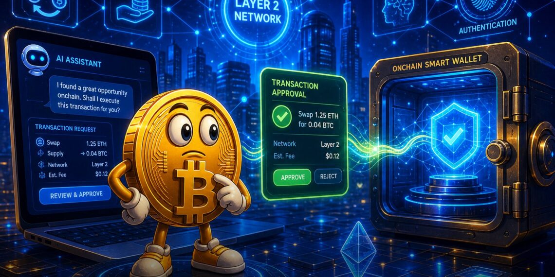 Ilustração editorial de agente de IA conectado a carteira cripto na Base, com aprovação de transação onchain.
