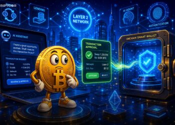 Ilustração editorial de agente de IA conectado a carteira cripto na Base, com aprovação de transação onchain.