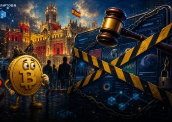 Ilustração editorial sobre bloqueio regulatório de Polymarket e Kalshi na Espanha
