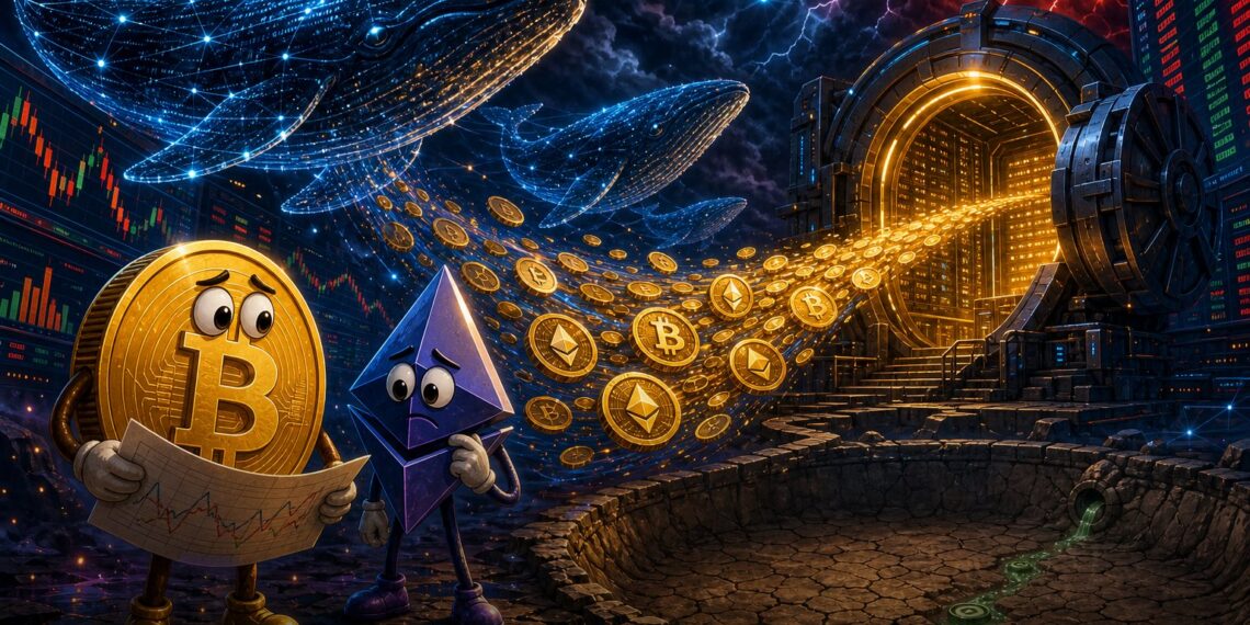 Baleias movimentam Bitcoin e Ether para a Binance enquanto stablecoins ficam quase paradas