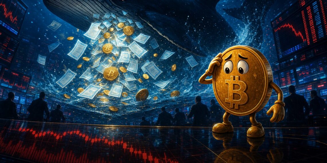 Ilustração editorial sobre venda bilionária de ETF de Bitcoin e pressão no mercado