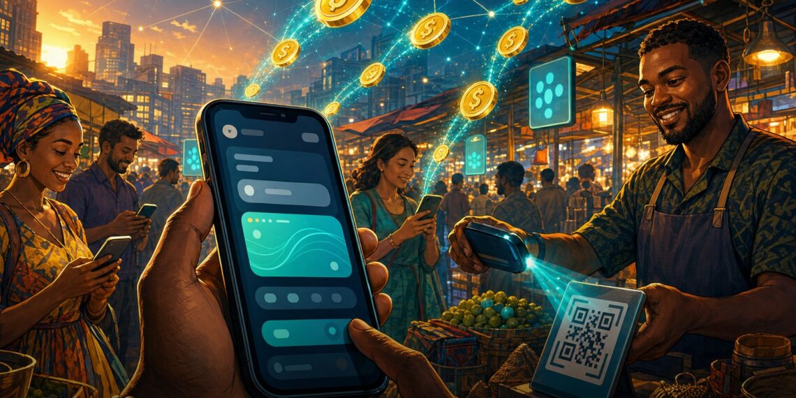 Ilustração de pagamentos cripto com stablecoins em mercados emergentes