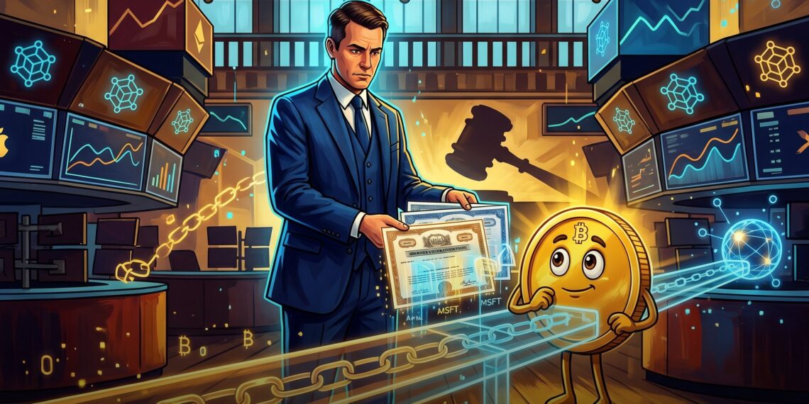 Ilustração editorial da NYSE integrando ações tokenizadas a trilhos blockchain regulados