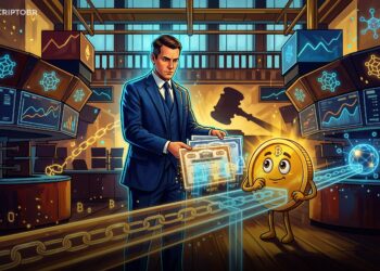 Ilustração editorial da NYSE integrando ações tokenizadas a trilhos blockchain regulados