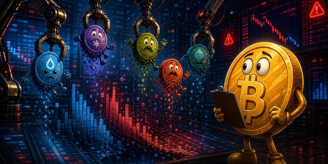 Ilustração editorial sobre delistagem de altcoins pela Binance