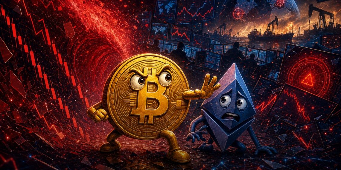 Mascote do Bitcoin sob pressão em queda do mercado cripto