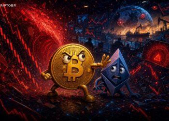 Mascote do Bitcoin sob pressão em queda do mercado cripto