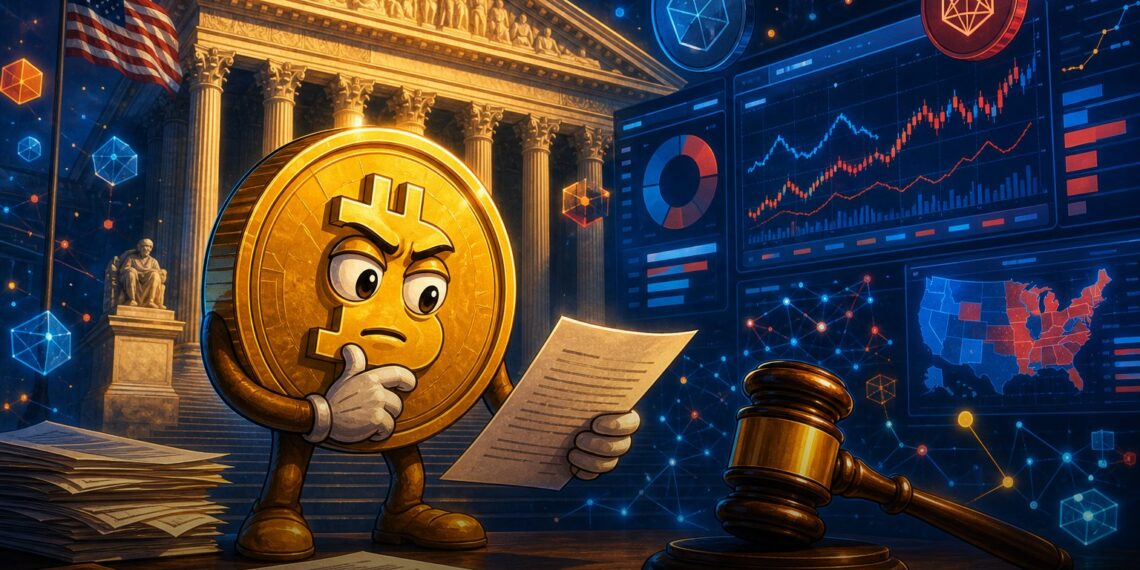 Ilustração editorial sobre CFTC, Casa Branca e mercados de previsão cripto