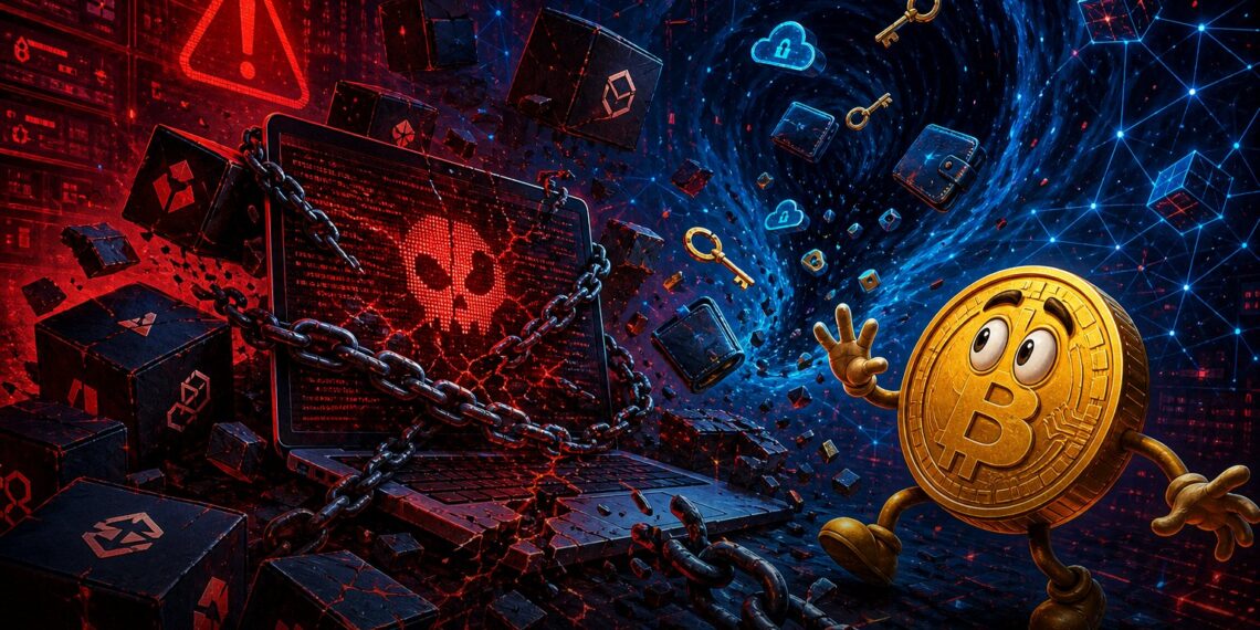 Ilustração editorial sobre malware TrapDoor mirando desenvolvedores cripto