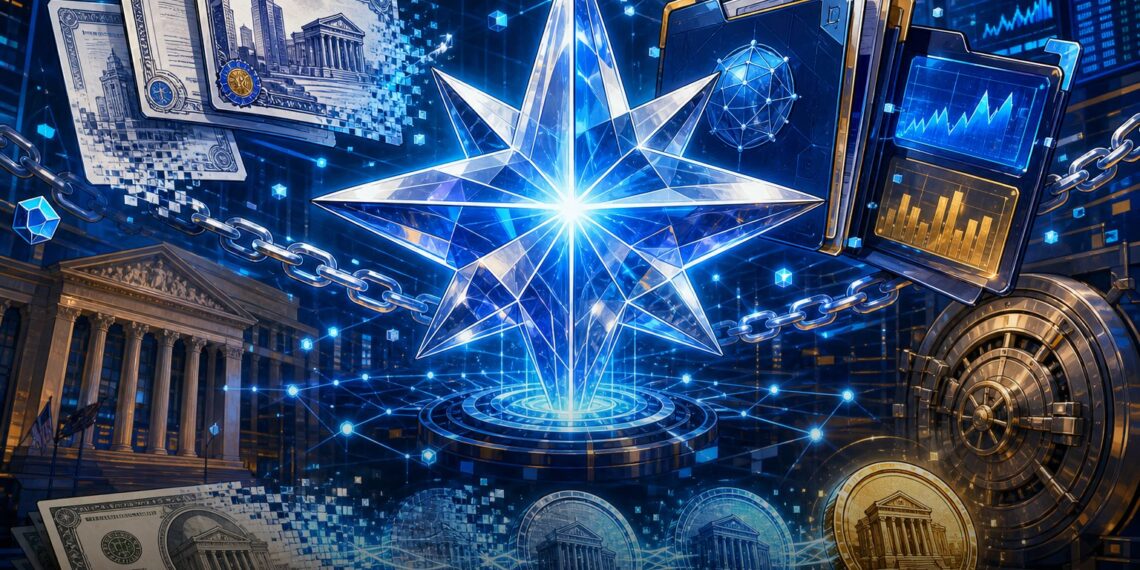 Ilustração editorial sobre tokenização de ativos de Wall Street na rede Stellar