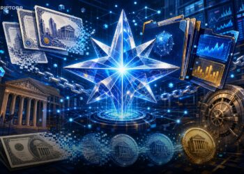 Ilustração editorial sobre tokenização de ativos de Wall Street na rede Stellar